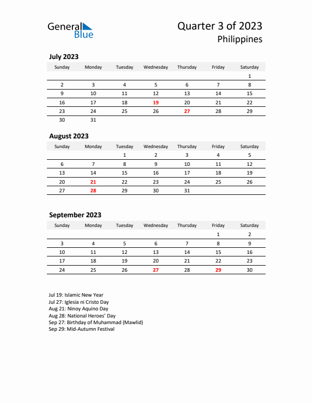 2023 Q3 Three-Month Calendar for Philippines