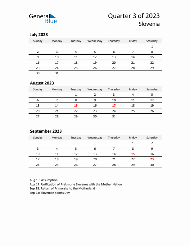 2023 Q3 Three-Month Calendar for Slovenia