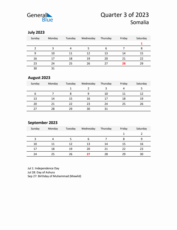 2023 Q3 Three-Month Calendar for Somalia