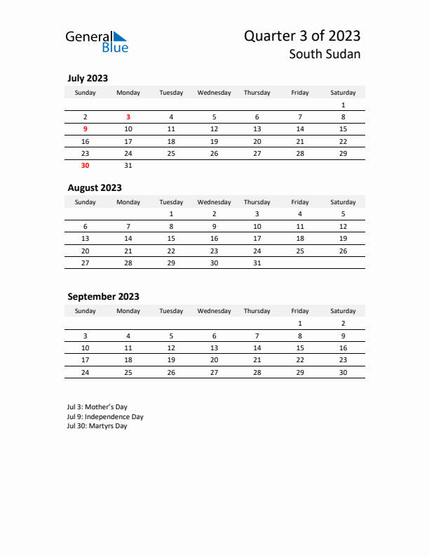 2023 Q3 Three-Month Calendar for South Sudan