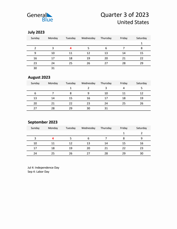 2023 Q3 Three-Month Calendar for United States