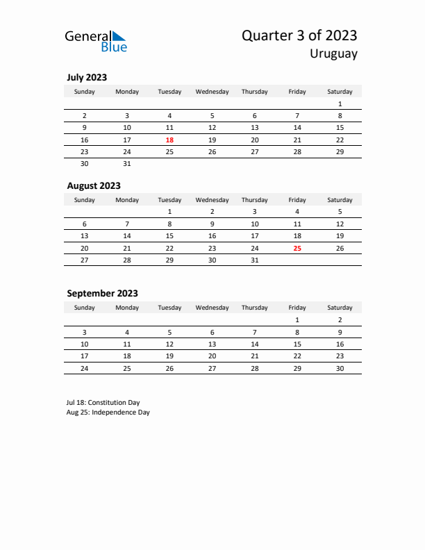 2023 Q3 Three-Month Calendar for Uruguay