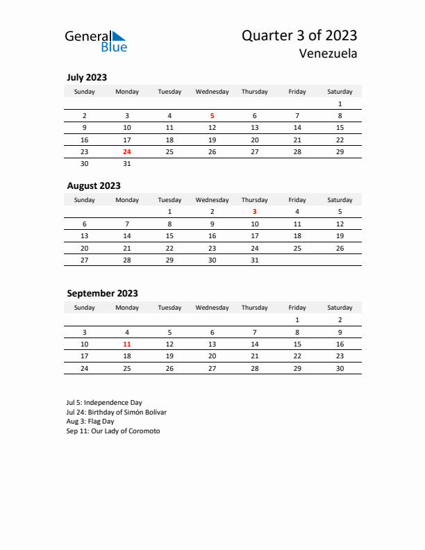 2023 Q3 Three-Month Calendar for Venezuela