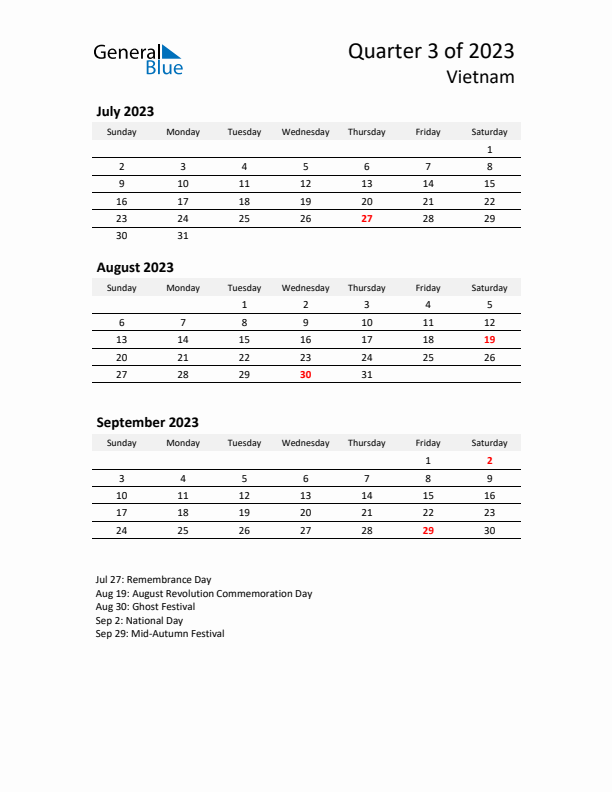 2023 Q3 Three-Month Calendar for Vietnam