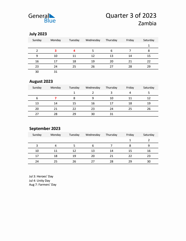 2023 Q3 Three-Month Calendar for Zambia