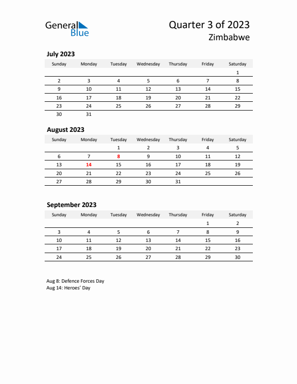 2023 Q3 Three-Month Calendar for Zimbabwe