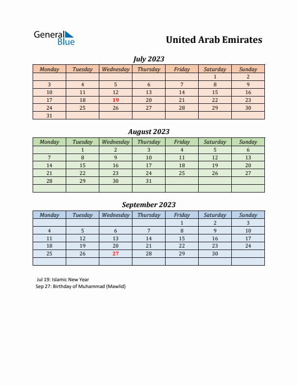 Q3 2023 Holiday Calendar - United Arab Emirates