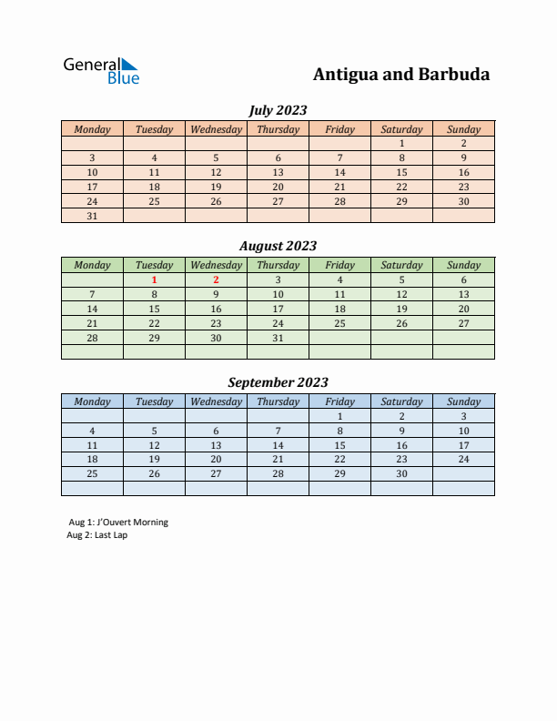 Q3 2023 Holiday Calendar - Antigua and Barbuda