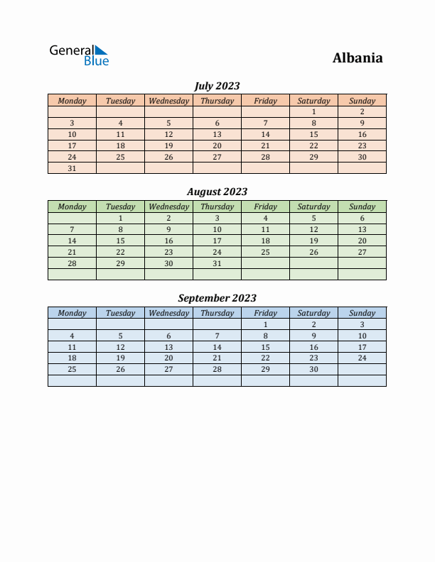 Q3 2023 Holiday Calendar - Albania