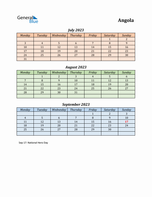 Q3 2023 Holiday Calendar - Angola