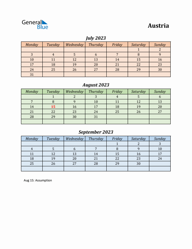 Q3 2023 Holiday Calendar - Austria