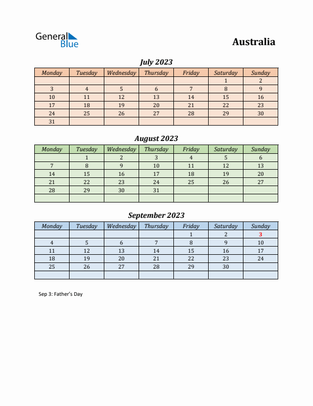 Q3 2023 Holiday Calendar - Australia