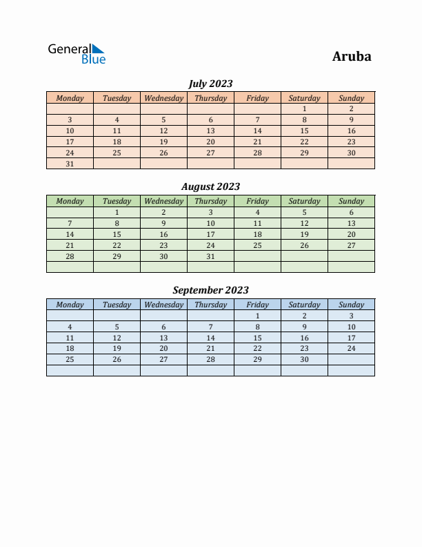 Q3 2023 Holiday Calendar - Aruba