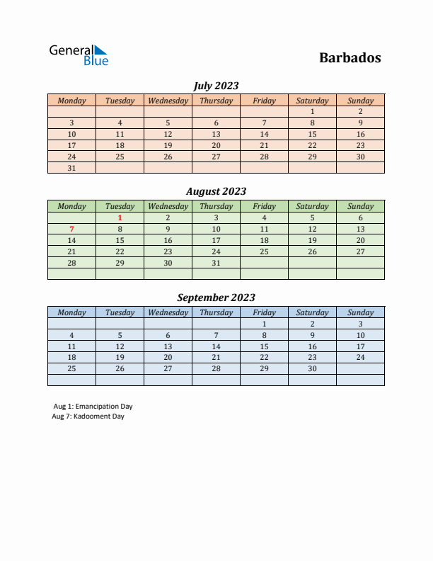 Q3 2023 Holiday Calendar - Barbados