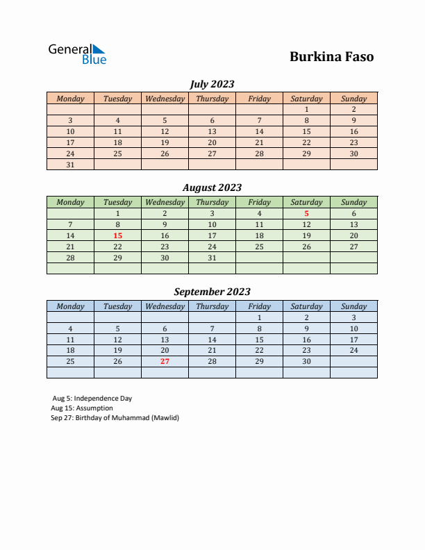 Q3 2023 Holiday Calendar - Burkina Faso