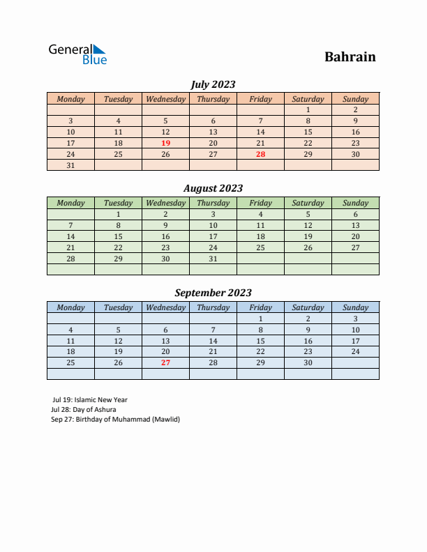 Q3 2023 Holiday Calendar - Bahrain