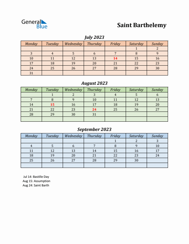 Q3 2023 Holiday Calendar - Saint Barthelemy