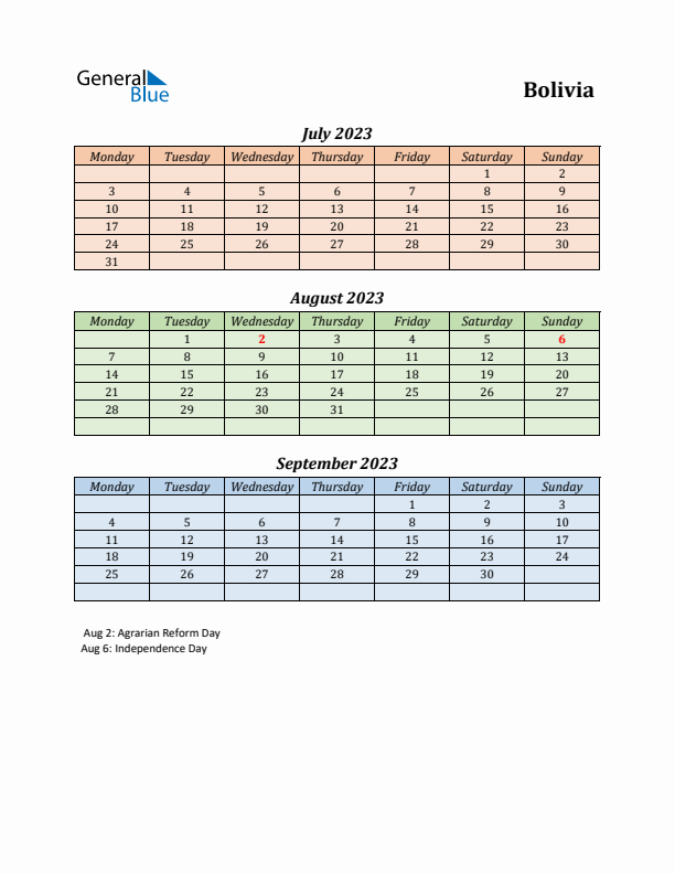 Q3 2023 Holiday Calendar - Bolivia