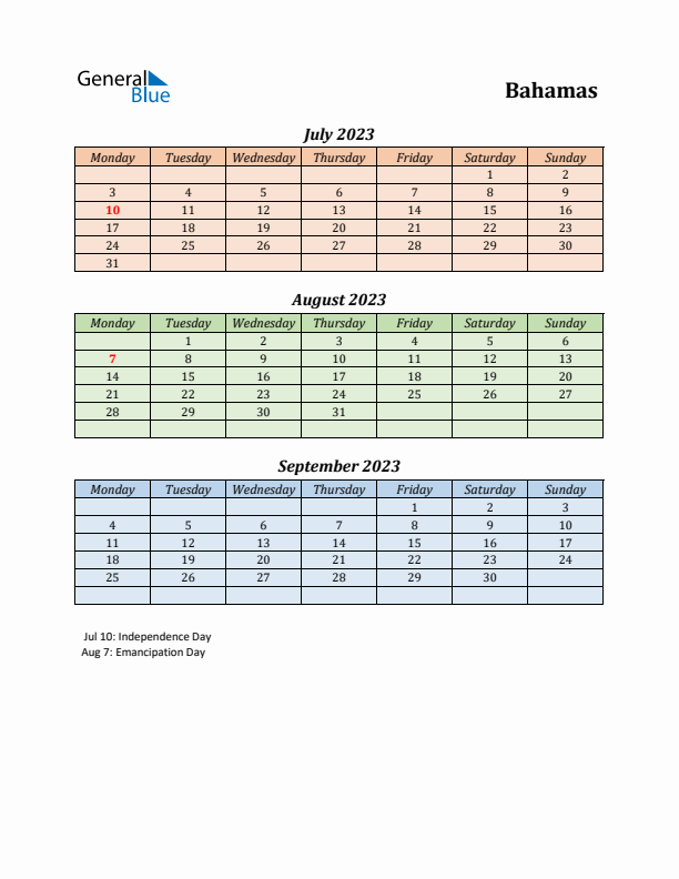 Q3 2023 Holiday Calendar - Bahamas