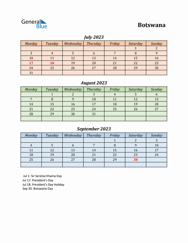 Q3 2023 Holiday Calendar - Botswana