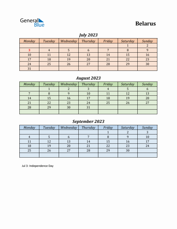 Q3 2023 Holiday Calendar - Belarus