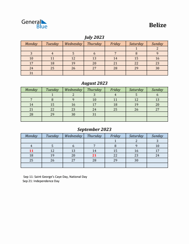 Q3 2023 Holiday Calendar - Belize