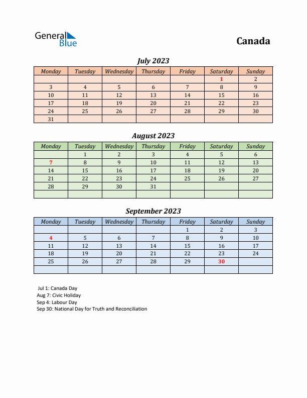 Q3 2023 Holiday Calendar - Canada