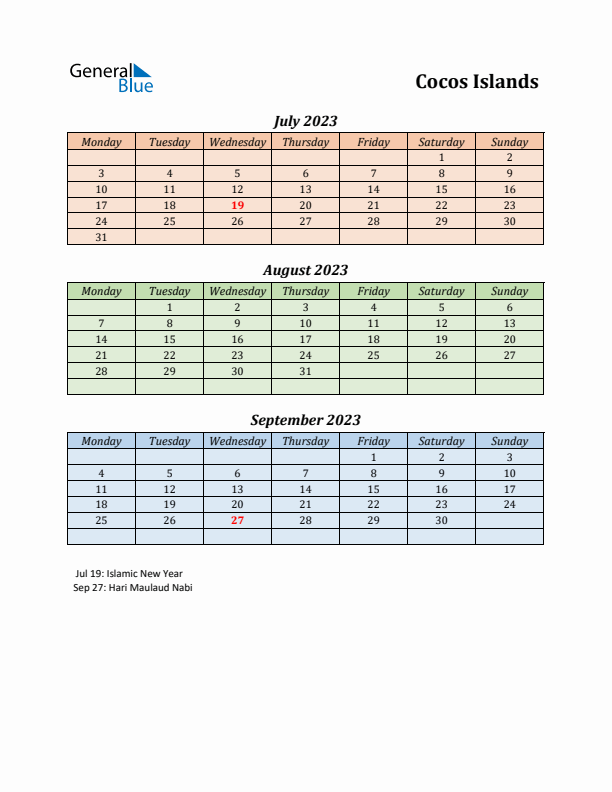 Q3 2023 Holiday Calendar - Cocos Islands