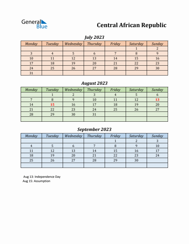 Q3 2023 Holiday Calendar - Central African Republic