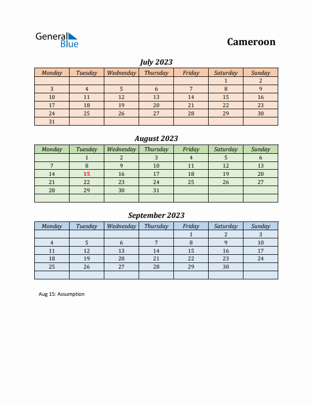 Q3 2023 Holiday Calendar - Cameroon