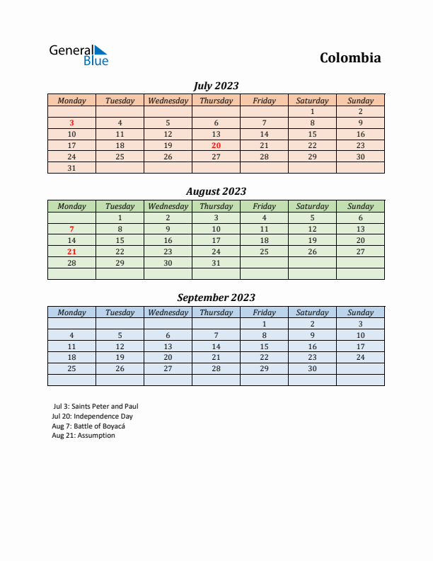 Q3 2023 Holiday Calendar - Colombia