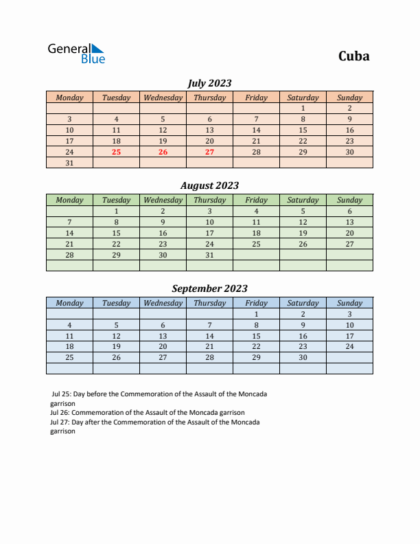 Q3 2023 Holiday Calendar - Cuba