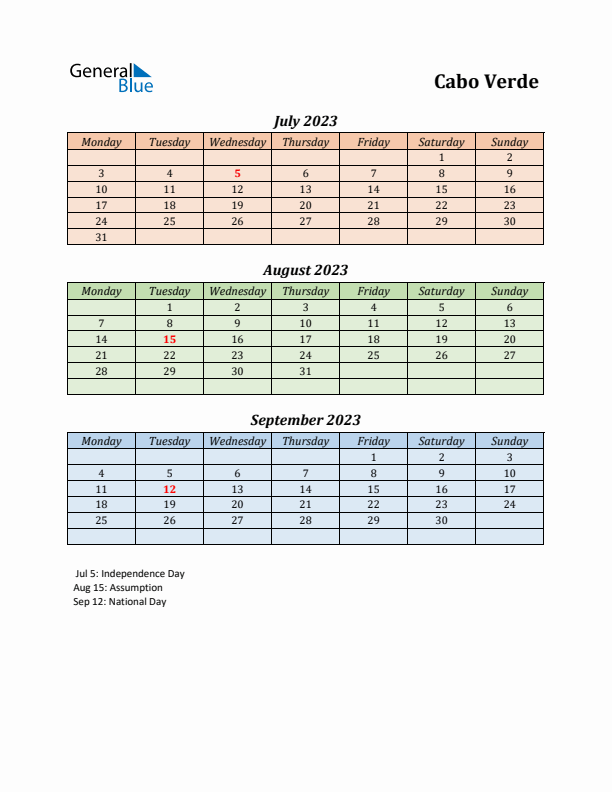 Q3 2023 Holiday Calendar - Cabo Verde