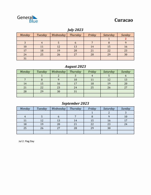 Q3 2023 Holiday Calendar - Curacao