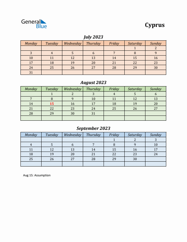 Q3 2023 Holiday Calendar - Cyprus