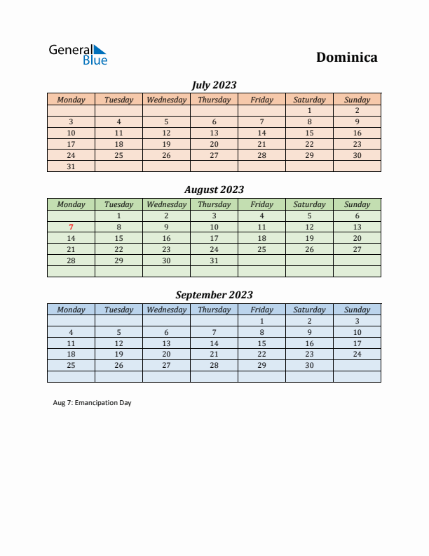 Q3 2023 Holiday Calendar - Dominica