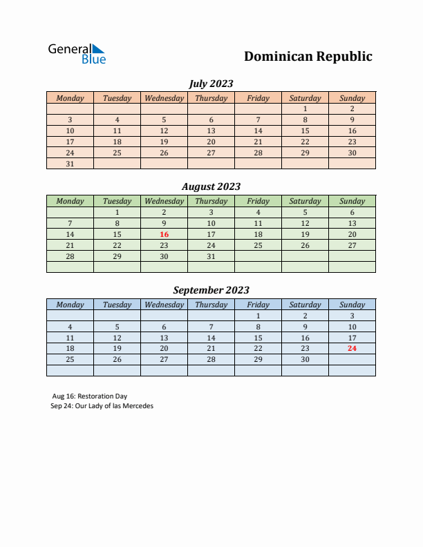 Q3 2023 Holiday Calendar - Dominican Republic