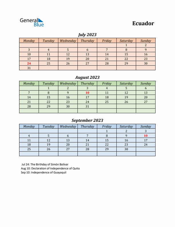 Q3 2023 Holiday Calendar - Ecuador