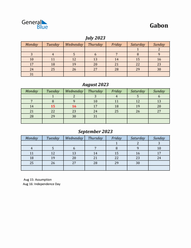 Q3 2023 Holiday Calendar - Gabon