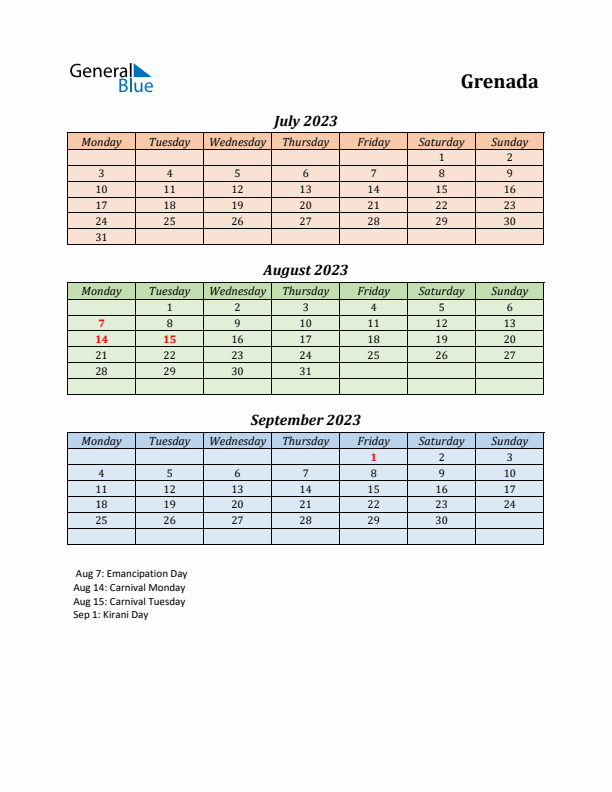 Q3 2023 Holiday Calendar - Grenada