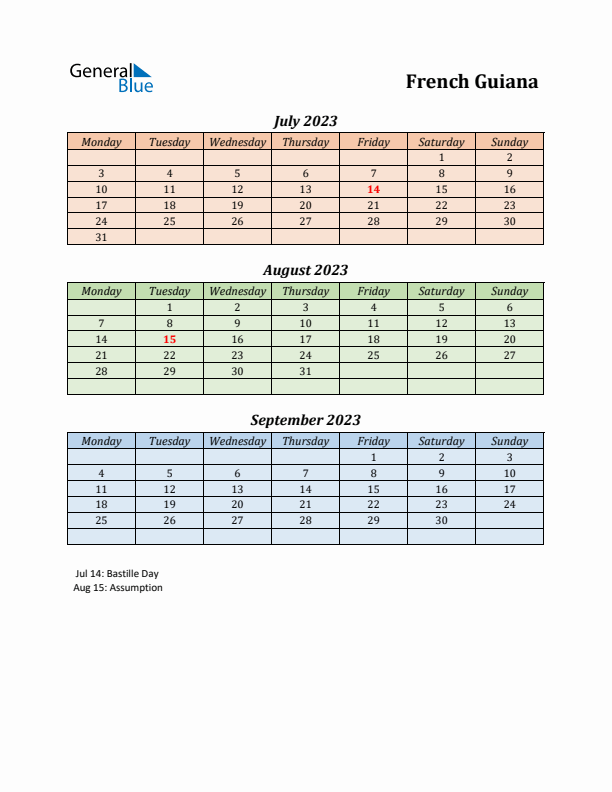 Q3 2023 Holiday Calendar - French Guiana