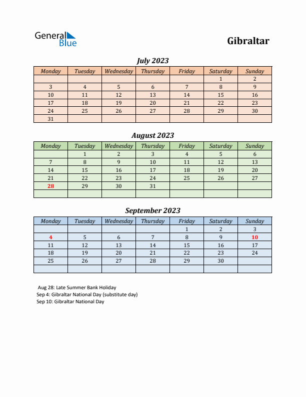 Q3 2023 Holiday Calendar - Gibraltar