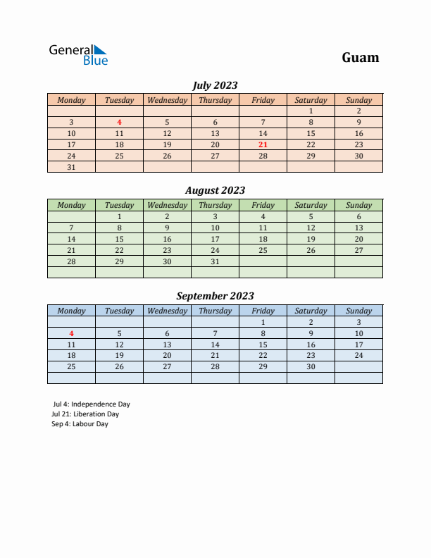 Q3 2023 Holiday Calendar - Guam