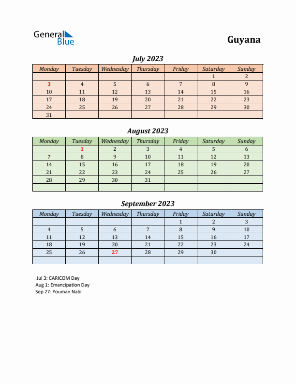 Q3 2023 Holiday Calendar - Guyana