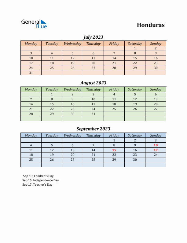 Q3 2023 Holiday Calendar - Honduras