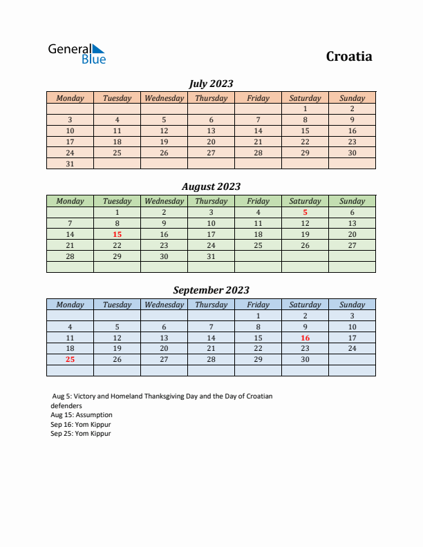 Q3 2023 Holiday Calendar - Croatia