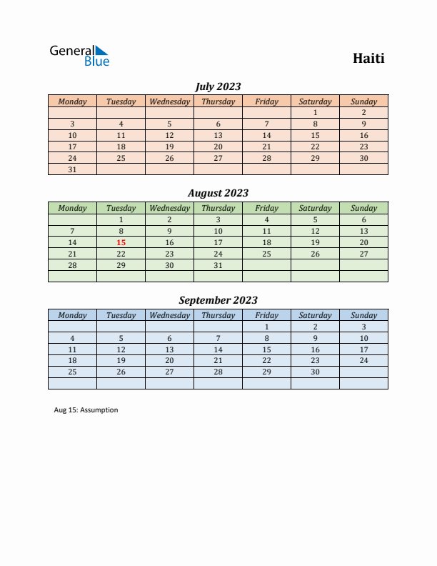 Q3 2023 Holiday Calendar - Haiti