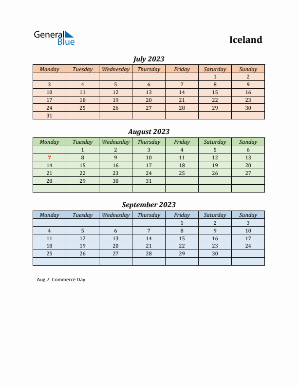 Q3 2023 Holiday Calendar - Iceland