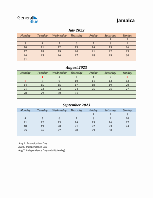 Q3 2023 Holiday Calendar - Jamaica