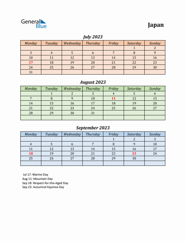 Q3 2023 Holiday Calendar - Japan